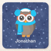 Niedliches Eule mit Ohrmuffen und Scara auf blau Rechteckiger Pappuntersetzer (Vorderseite)