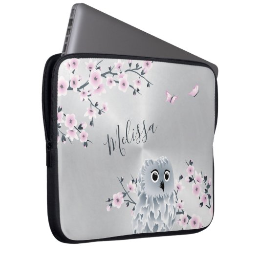 Niedliches Eule-Rosa-Silber-Monogramm Laptopschutzhülle (Vorne Rechts)