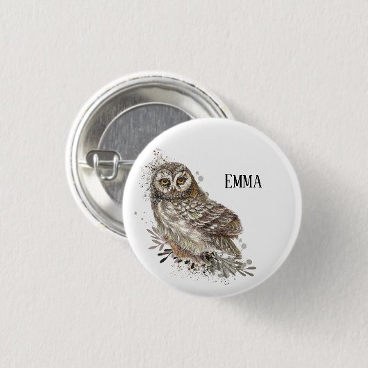 Niedliches Eule,Wasserfarbengeflügel Button (Vorne & Hinten)