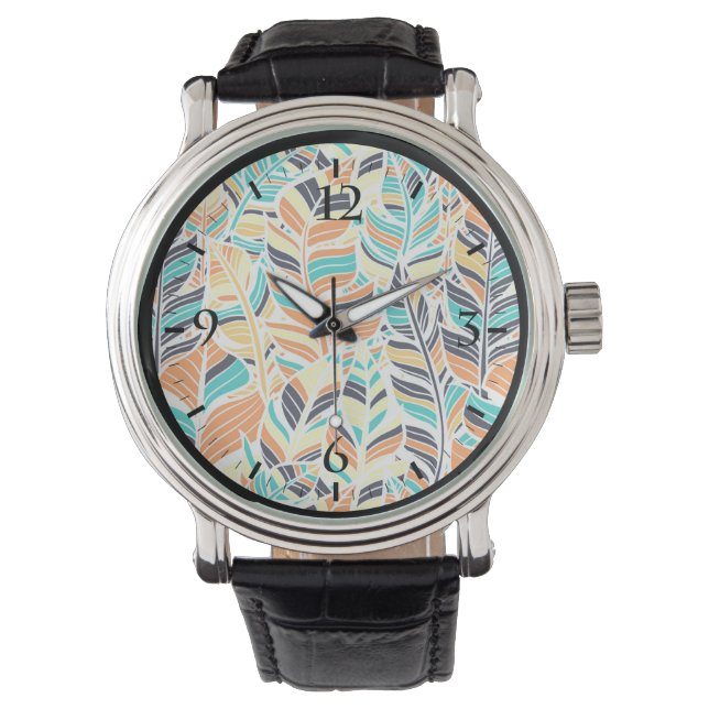 Niedliches, farbenfrohes Boho-Blätter-Muster Armbanduhr (Vorderseite)