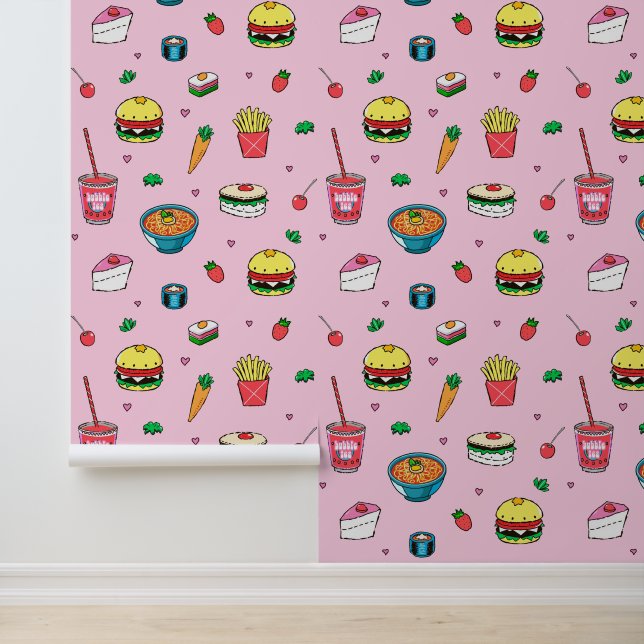 Niedliches, farbenfrohes Essmuster auf Rosa Tapete (Anwendung)