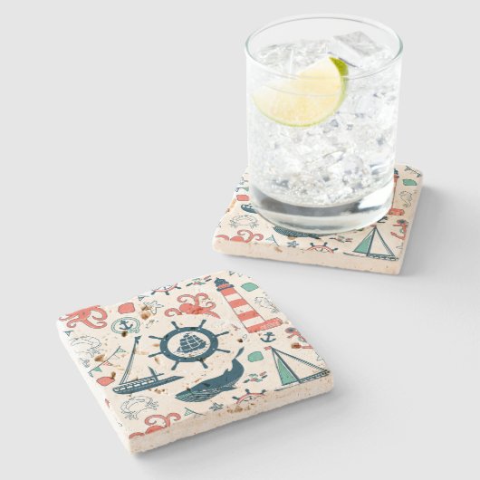 Niedliches, farbenfrohes Nautikmuster mit Bootrad Steinuntersetzer (Seitenansicht)