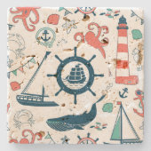 Niedliches, farbenfrohes Nautikmuster mit Bootrad Steinuntersetzer (Vorderseite)