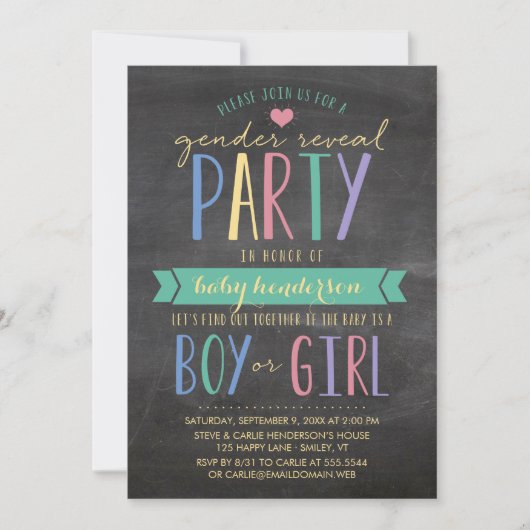 Niedliches farbiges Chalkboard Gender Reveal Party Einladung (Vorderseite)