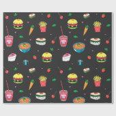 Niedliches, farbiges Essmuster auf dunkelgrau Geschenkpapier (Flach)