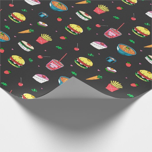 Niedliches, farbiges Essmuster auf dunkelgrau Geschenkpapier (Ecke)