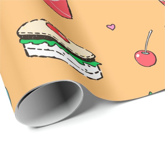 Niedliches, farbiges Lebensmittelmuster auf Orange Geschenkpapier (Rolleneckpunkt)