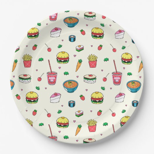 Niedliches, farbiges Lebensmittelmuster auf weiß Pappteller (Vorderseite)