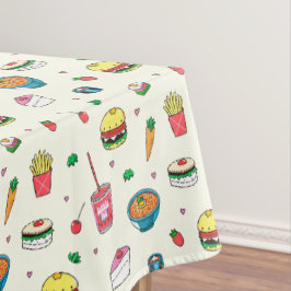 Niedliches, farbiges Lebensmittelmuster auf weiß Tischdecke