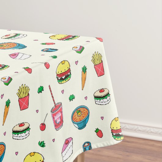 Niedliches, farbiges Lebensmittelmuster auf weiß Tischdecke (Beispiel)