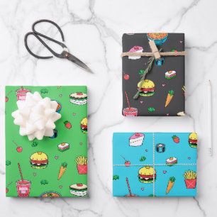 Niedliches, farbiges Lebensmittelmuster Grün Blau Geschenkpapier Set