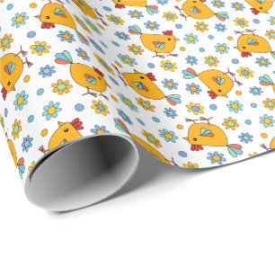 Niedliches farbiges, weißliches Huhn und Blume Geschenkpapier