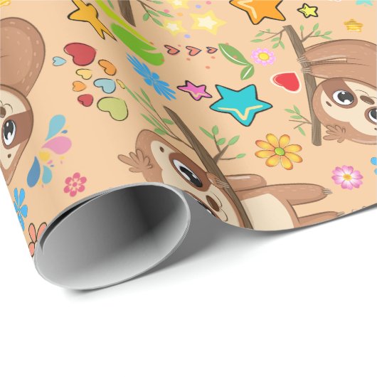 Niedliches Faultier auf dem Zweig Muster Babydusch Geschenkpapier (Rolleneckpunkt)