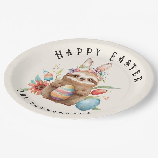 Niedliches Faultier Ostern Kanincheneier Name Pappteller (Schrägansicht)