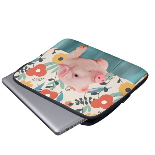 Niedliches Ferkel und fröhliche Blüten Laptopschutzhülle (Vorne Knopf)