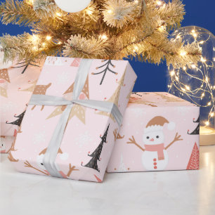 Niedliches festes Rosa Weihnachtsbaum Snowman Rent Geschenkpapier