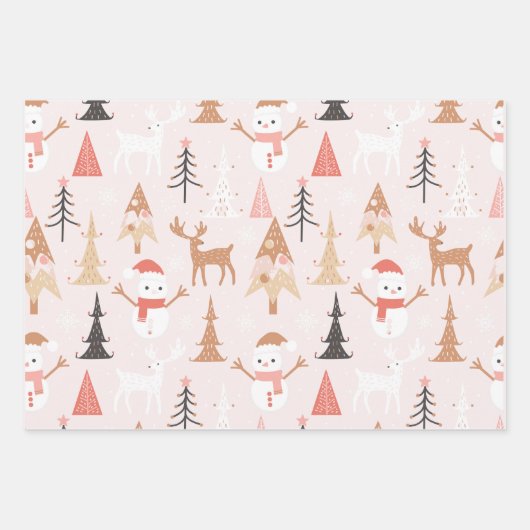 Niedliches festes Rosa Weihnachtsbaum Snowman Rent Geschenkpapier Set (Vorderseite 3)