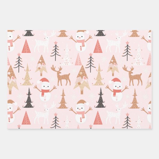 Niedliches festes Rosa Weihnachtsbaum Snowman Rent Geschenkpapier Set (Vorderseite 2)