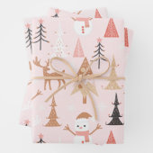 Niedliches festes Rosa Weihnachtsbaum Snowman Rent Geschenkpapier Set (Beispiel)