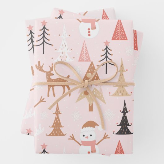 Niedliches festes Rosa Weihnachtsbaum Snowman Rent Geschenkpapier Set (Beispiel)