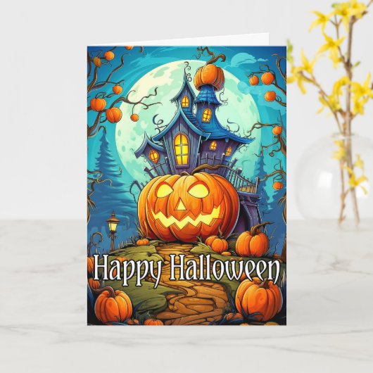 Niedliches festes Spuk Haus | Frohe Halloween Karte (Gelbe Blume)
