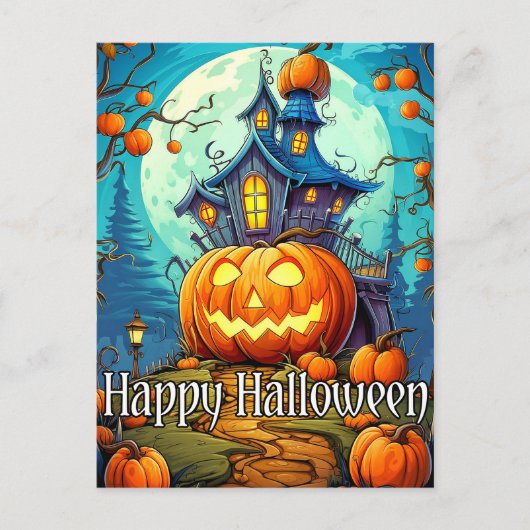 Niedliches festes Spuk Haus | Frohe Halloween Postkarte (Vorderseite)