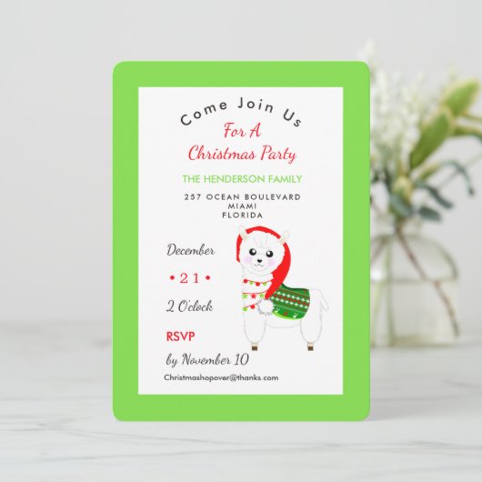 Niedliches Festfest Llama Weihnachtsfeier Party Einladung (Stehend Vorderseite)