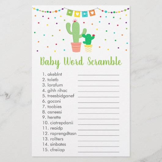 Niedliches Fiesta Cactus Baby Shower Word Scramble (Vorderseite)