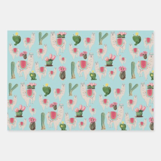 Niedliches Fiesta Llama & Cactus Pattern Geschenkpapier Set (Vorderseite)