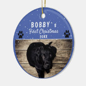 Niedliches First Puppy Christmas Paw Blue Dog Foto Keramik Ornament (Links)