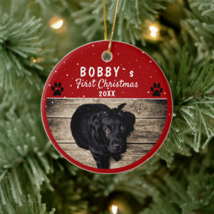 Niedliches First Puppy Christmas Paw Red Dog Foto Keramik Ornament