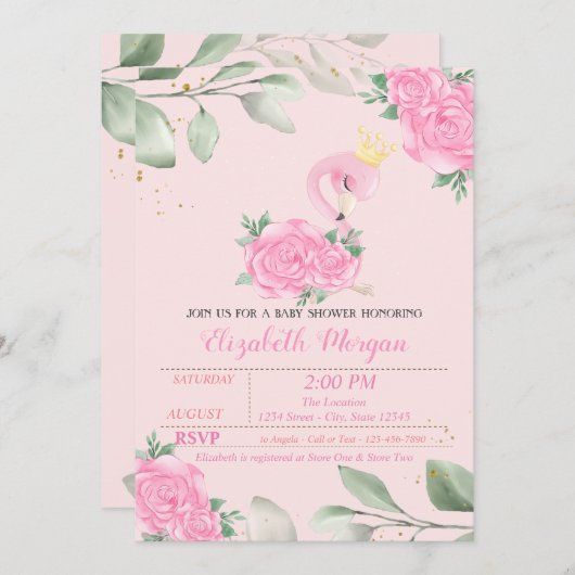 Niedliches Flamingo, Blätter, Blumenkinderdusche Einladung (Vorne/Hinten)