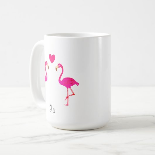 Niedliches Flamingo-Paar, Herz & Kalligrafie Kaffeetasse (Vorderseite Links)