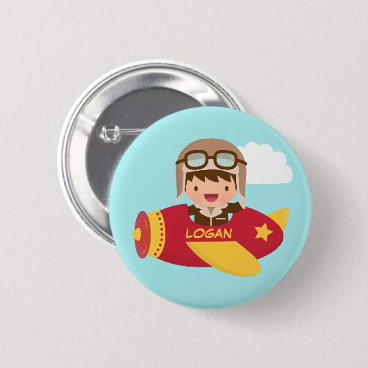 Niedliches Flieger-Jungen-Flugzeug-Abenteuer für Button (Vorne & Hinten)