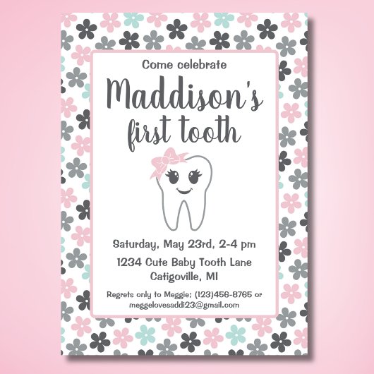 Niedliches Floral Baby Girl's First Tooth Party Einladung