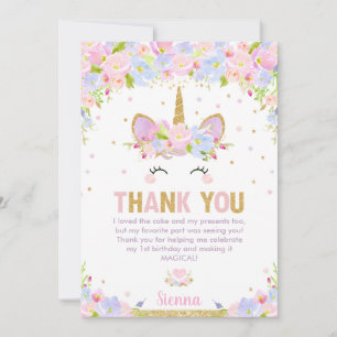 Niedliches Floral Happy Unicorn Girl 1. Geburtstag Dankeskarte