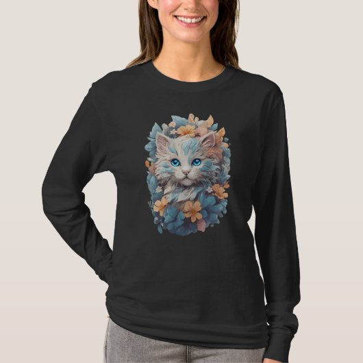 Niedliches, florales Katzenplash T-Shirt (Vorderseite)
