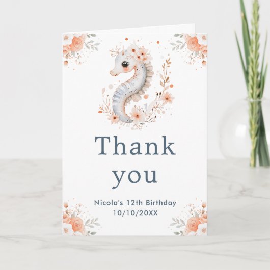Niedliches florales Seepferd Geburtstagsparty Dankeskarte (Vorderseite)