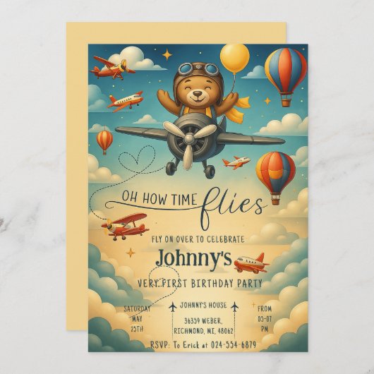 Niedliches Flugzeug erster Geburtstag Einladung (Vorne/Hinten)