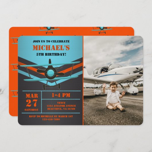 Niedliches Flugzeug Luftfahrzeug Kinder Foto Gebur Einladung (Vorne/Hinten)