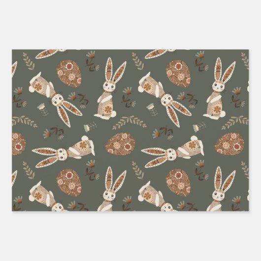 Niedliches Folk Bunny Egg Osterfest Hübsches Muste Geschenkpapier Set (Vorderseite 2)