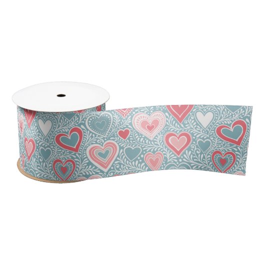 Niedliches Folk Floral Heart Dusty Blue Pink Babyd Satinband (Spule)