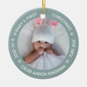 Niedliches Foto Baby's First Christmas Blue Keramik Ornament (Vorne)