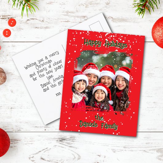 Niedliches Foto der Weihnachtsschneefamilie Postkarte