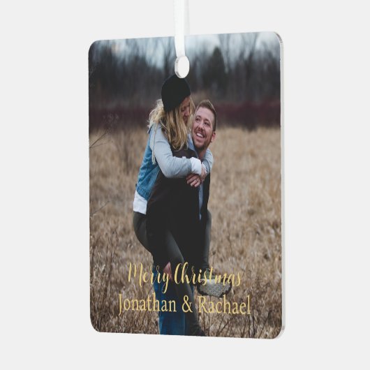 Niedliches Foto Frohe Weihnachten rustikal stilvol Ornament Aus Metall (Vorderseite links)