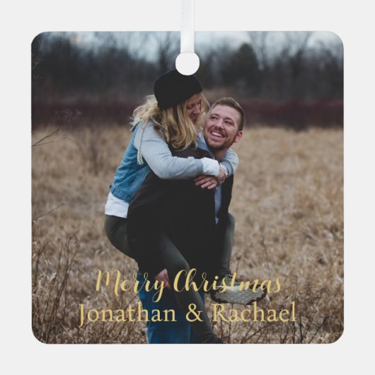 Niedliches Foto Frohe Weihnachten rustikal stilvol Ornament Aus Metall (Vorderseite)