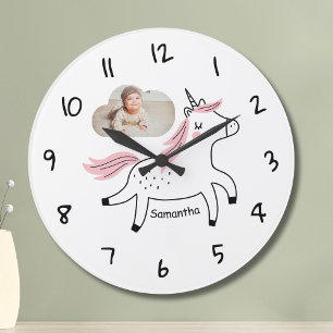 Niedliches Foto & Name Einhorn Kinderwandtüte Große Wanduhr