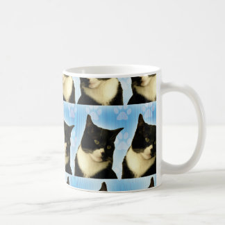 Niedliches Foto Tuxedo Katze auf blauem Muster Kaffeetasse
