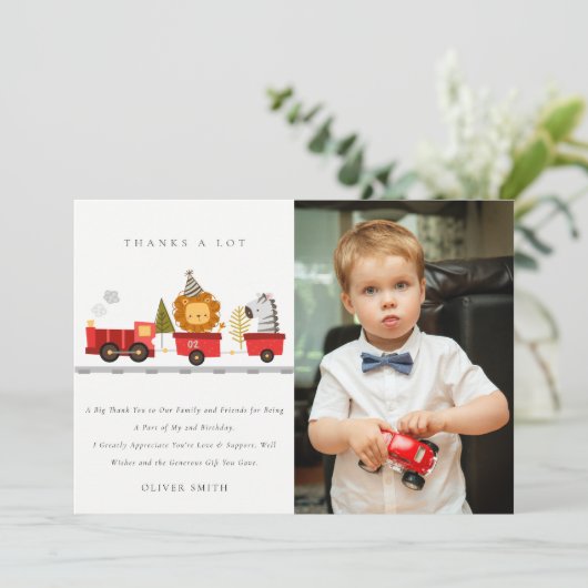 Niedliches Foto von Tierzügen aus Holz jedes Leben Dankeskarte (Stehend Vorderseite)