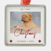 Niedliches Foto Welpe 1. Weihnachtsbaum Drucke Rot Ornament Aus Metall (Vorne)